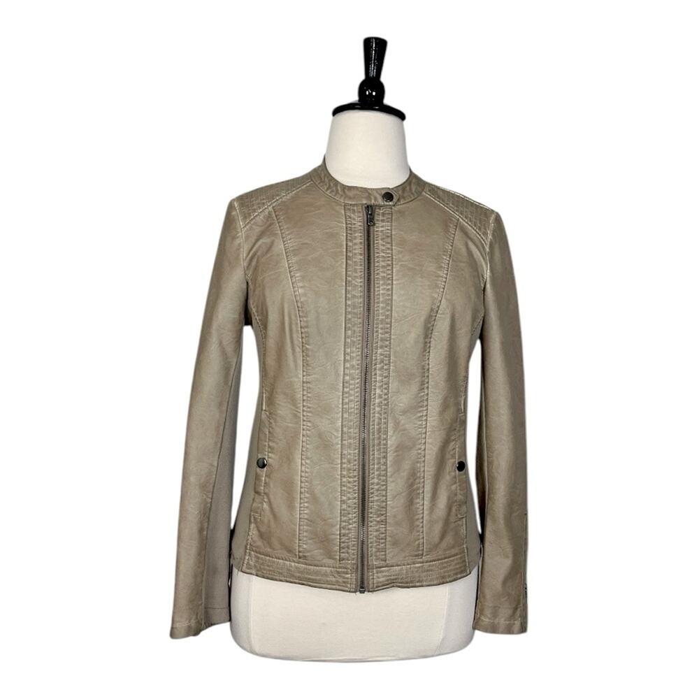 Sebby Faux Leather Jacket Moto Collarless Zipper Knit Taupe Tan Women’s Size XXL